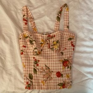 Reformation Kim Linen Top Pink Check & Nectarine Print Size 0